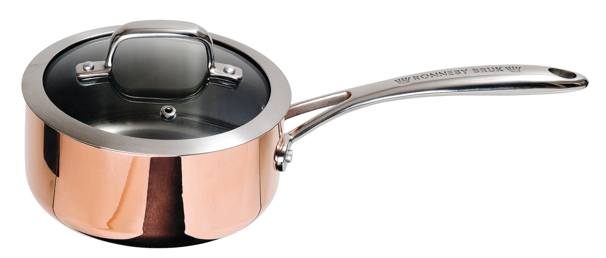 Ronneby Bruk Kastrull 1 liter, 3-ply koppar-aluminium-rostfritt. Induktionsbotten. Glaslock.