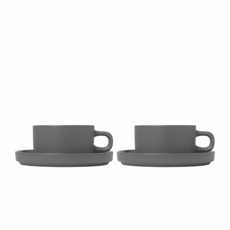 BLOMUS Pilar Tekoppar med fat 200ml Pewter 2-pack